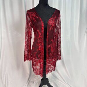 SHEIN Romantic Whimsigoth Boho Burgundy Lace Sheer Duster Kimono Cardigan